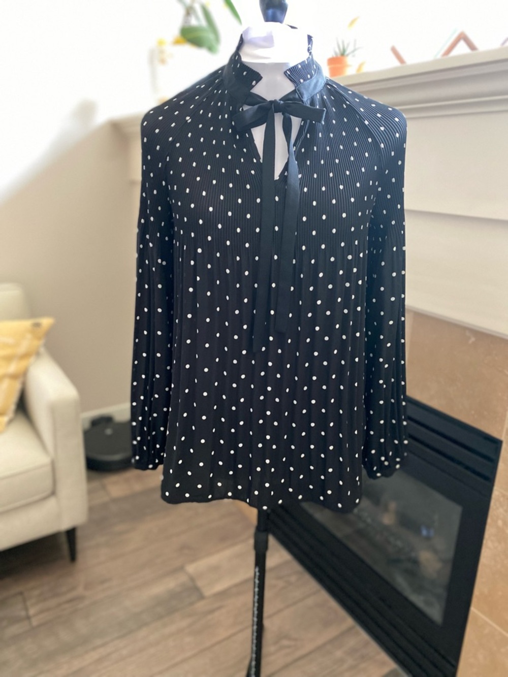 Ralph Lauren Black White Polka Dot Tie-Neck Blouse